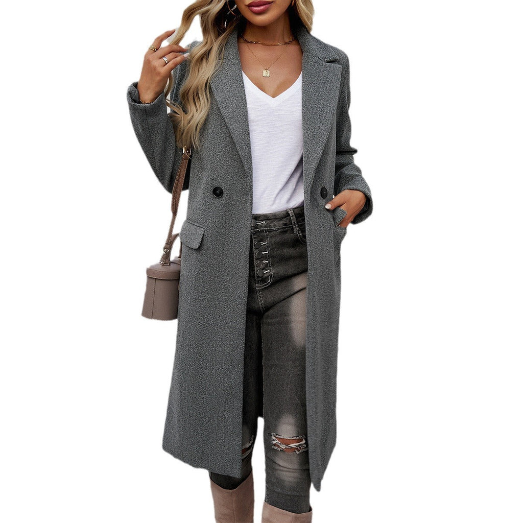 Women's Long Turn-Down Collar Coat – Elegant Commuter Jacket with Pockets