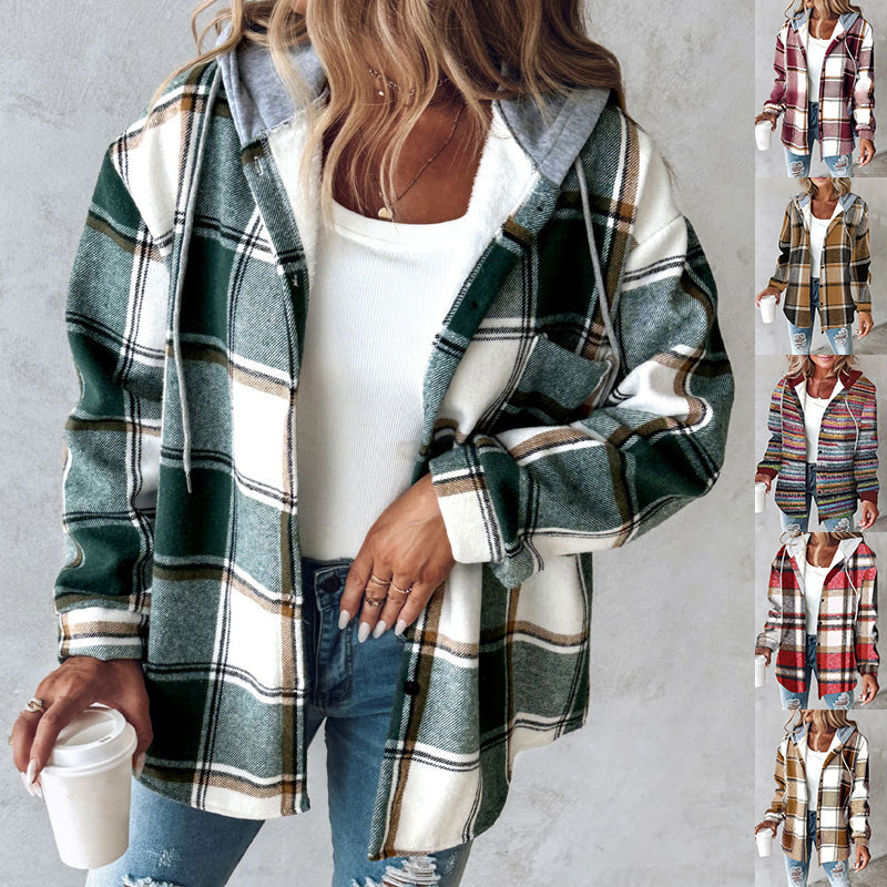 Women's Plaid Hooded Jacket – Button-Up Coat with Pockets