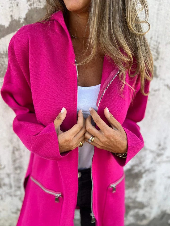 Women's Zip-Up Hooded Cardigan Coat – Solid Color Pocket Jacket