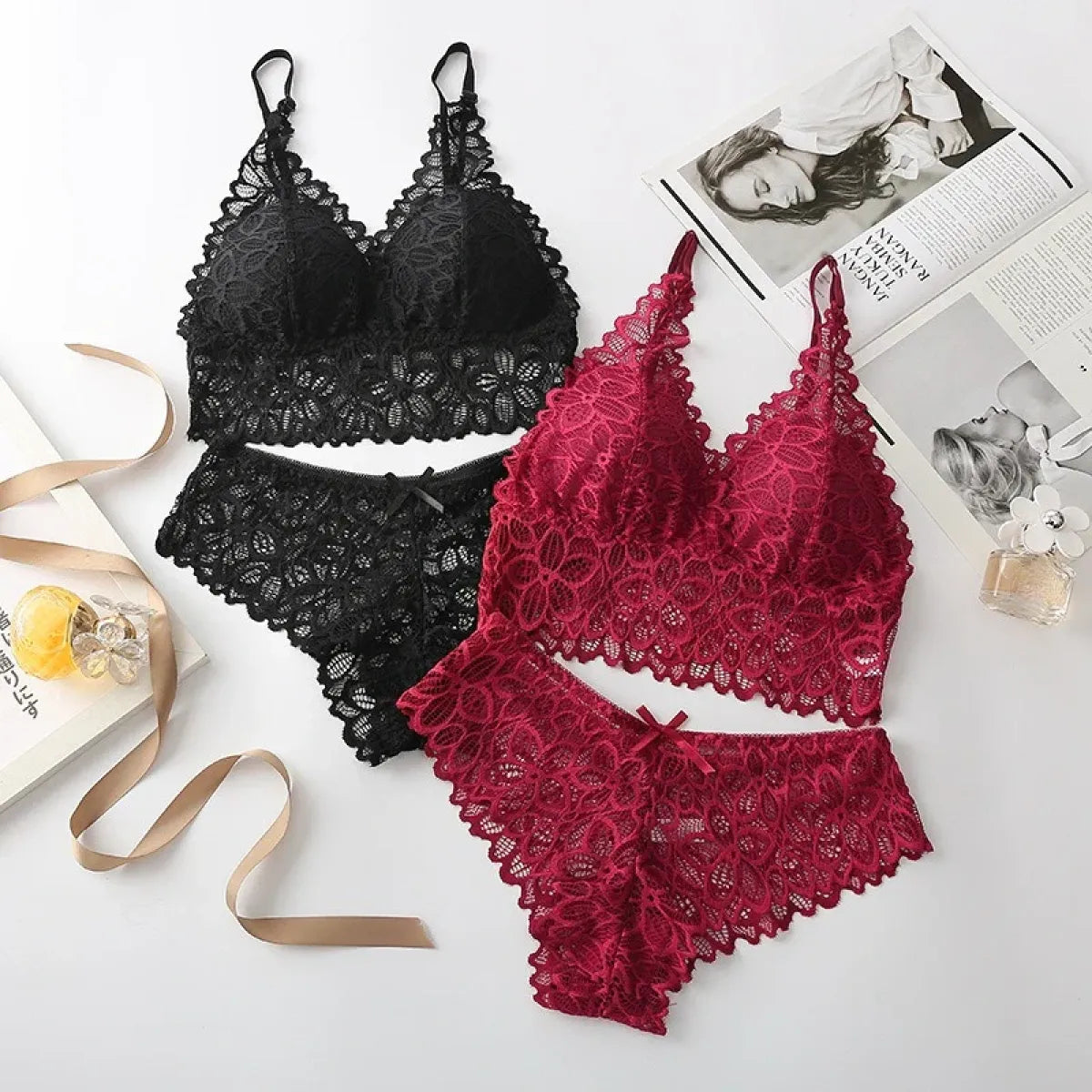 Lace Bra and Panty Set – Seamless Wire-Free Embroidered Lingerie