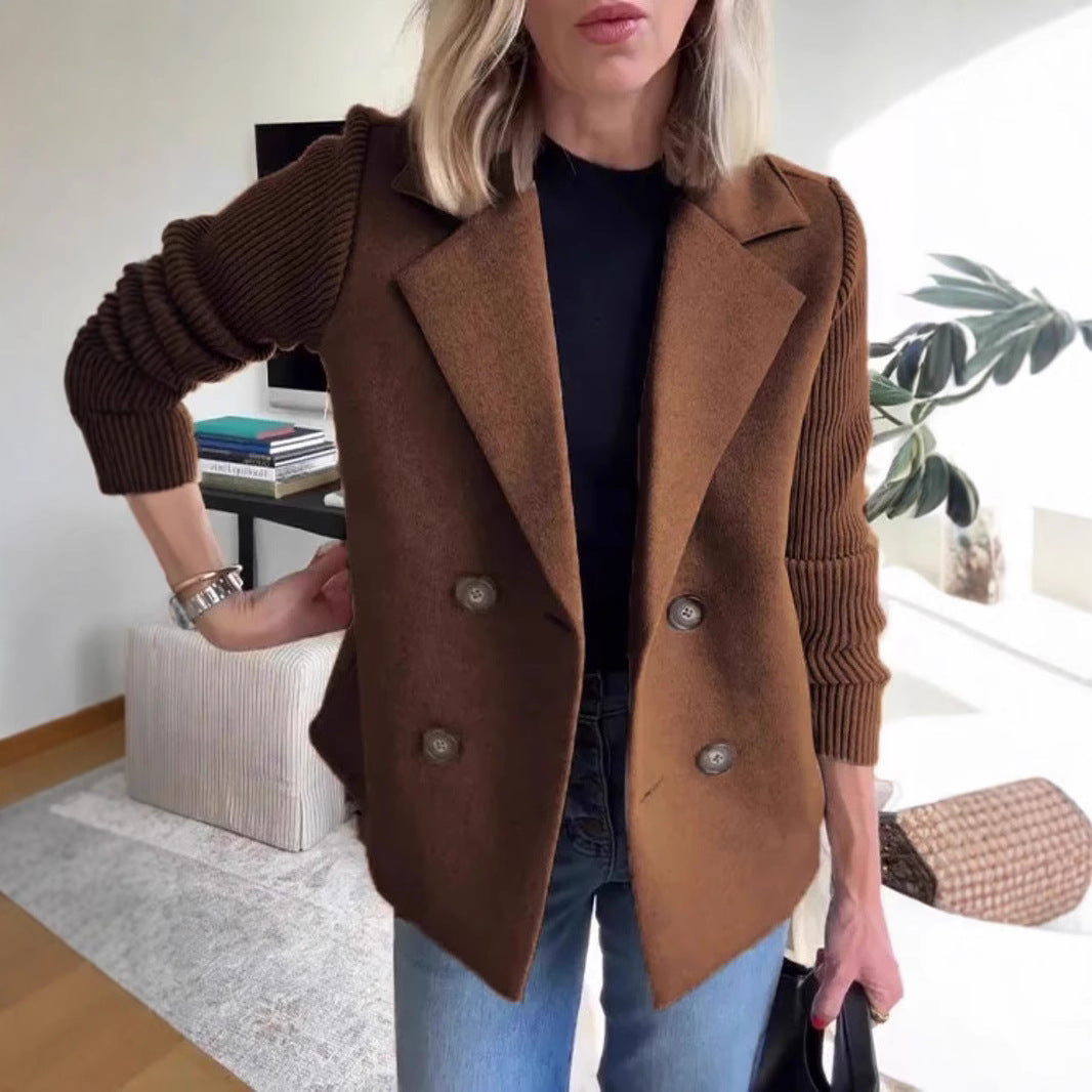 Women's Double-Breasted Lapel Coat – Knit Sleeve Splicing Design Jacket