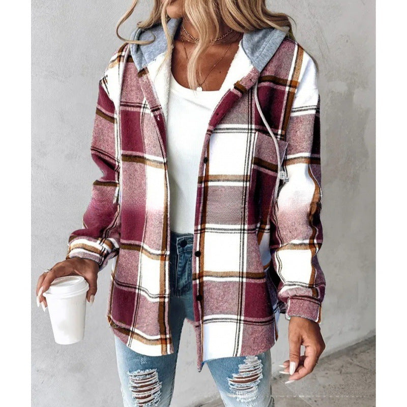 Women's Plaid Hooded Jacket – Button-Up Coat with Pockets