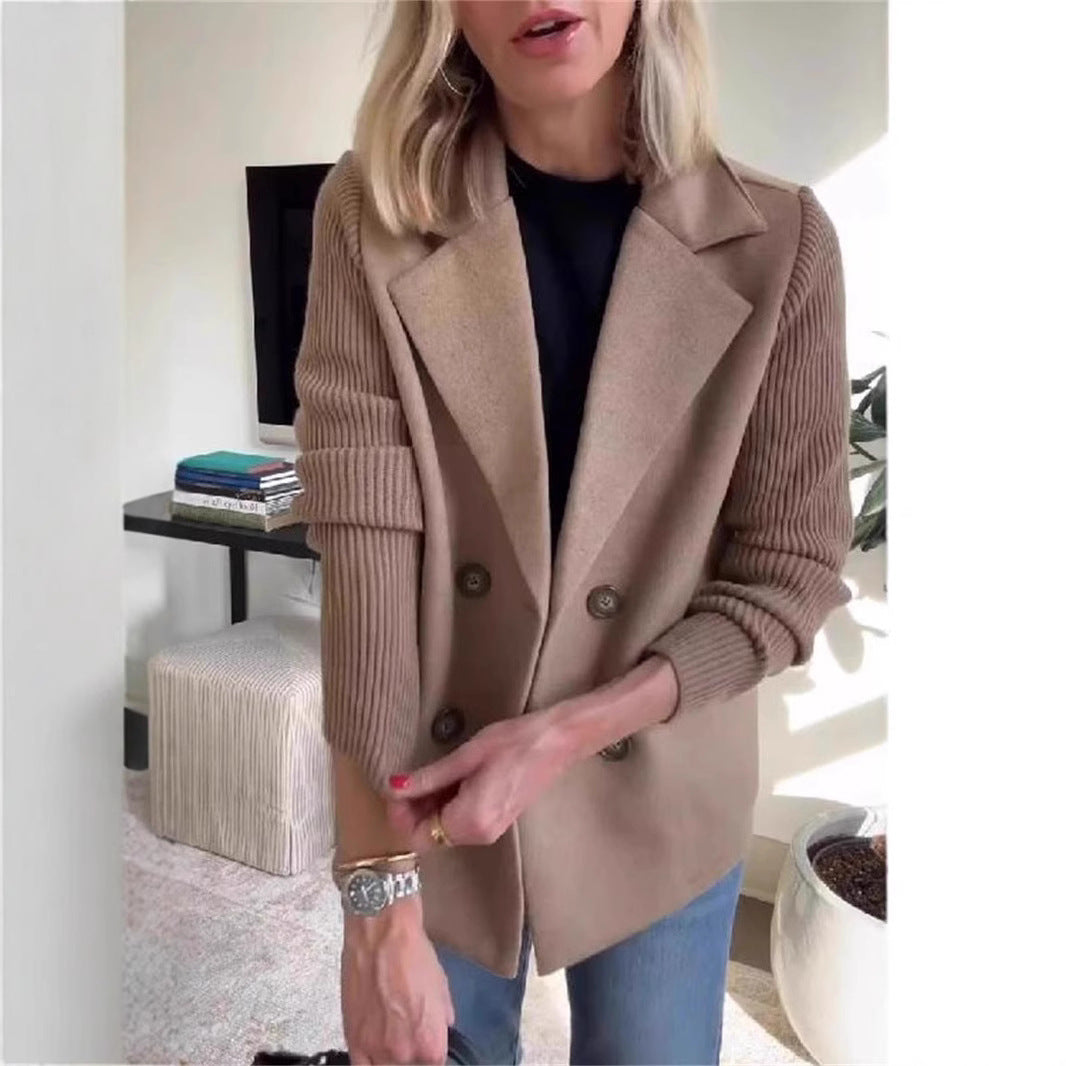 Women's Double-Breasted Lapel Coat – Knit Sleeve Splicing Design Jacket