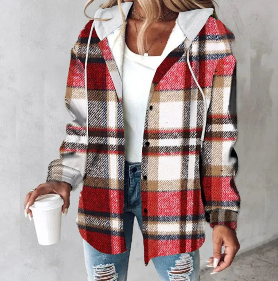 Women's Plaid Hooded Jacket – Button-Up Coat with Pockets