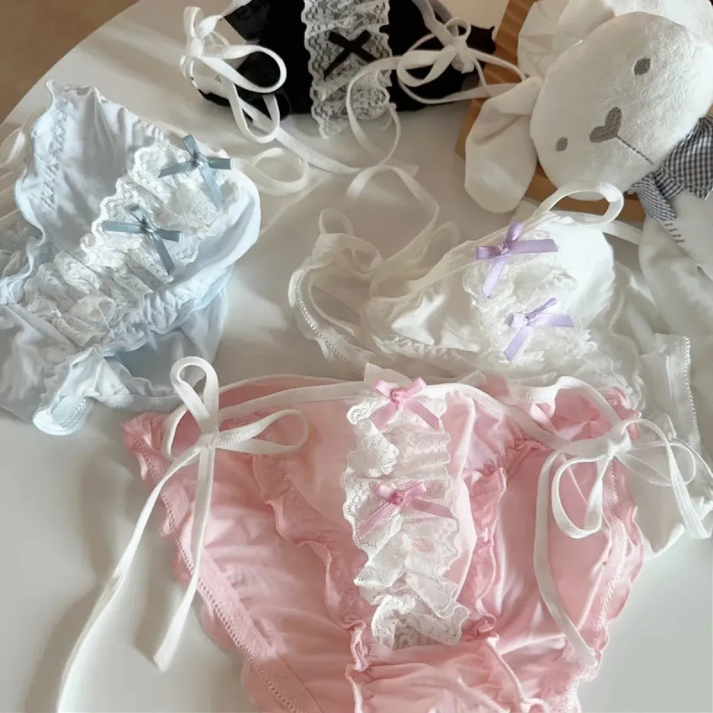 Lolita Lace Ruffle Bow Panties – Cute Low Waist Tie-Up Briefs