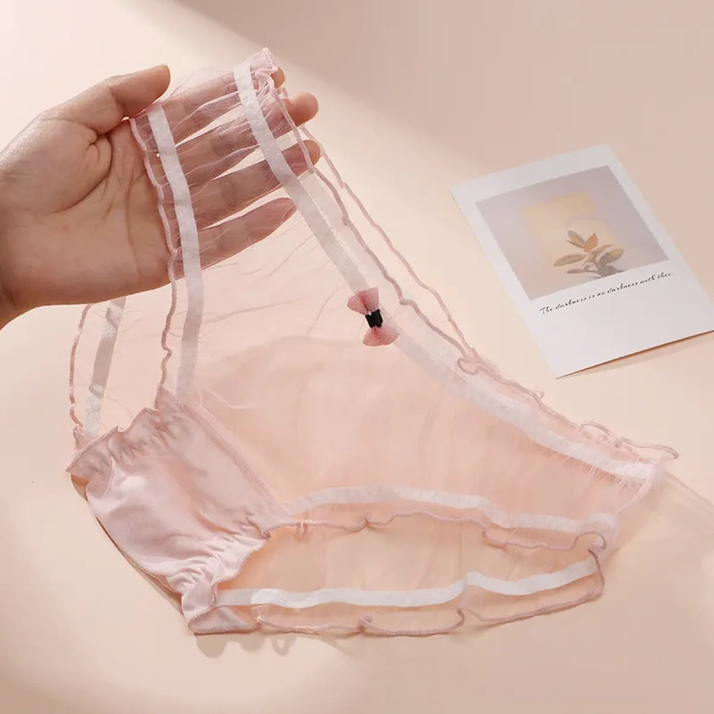 Sheer Lace Mesh Low Waist Panties with Bows – Sexy Transparent Lingerie